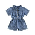 thumbnail image 2 of MKOSPLRT Denim Jumpsuit for Girl 12M-4Y Short Sleeve Lapel Collar Button Down Jumper Shorts Distressed Elastic Waist Bow Jean Rompers with Pocket, 2 of 9