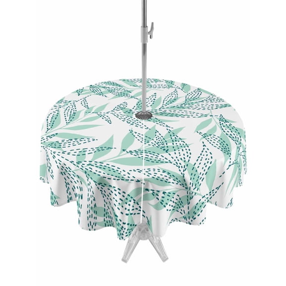 Outdoor Tablecloth with Umbrella Hole for Patio/Picnic/Party/Camping, Turquoise Willow Leaves Waterproof Table Cloth Round Cover Washable, Modern Dotted Boho Minimalist Art (Dia 54")