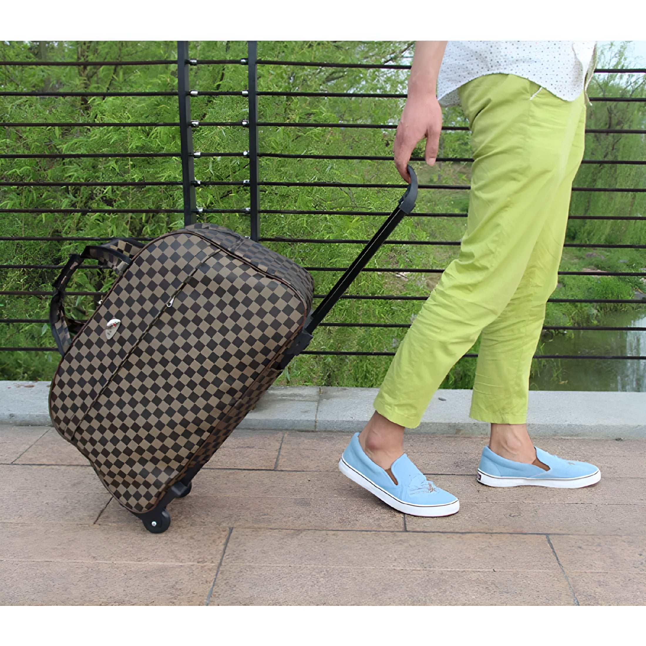 GASTROPOD Rolling Duffle Bag with Wheels, 24" Trolley Travel Bag, Carry on Luggage Travel Suitcase, Overnight Weekender Bag for Unisex Adult, Underseat Luggage with Wheels (Gray and White Lattice)