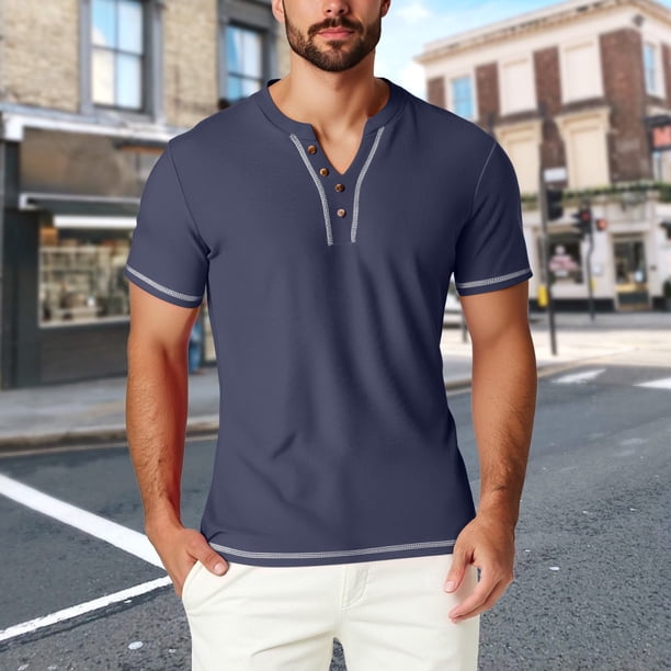 pstuiky Camisas de manga corta para hombre, Camisa informal de verano para hombre, de manga corta, color liso, con cuello en V y bolsillo camisas casuales para hombre xxl