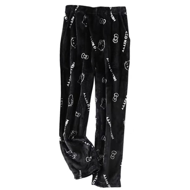 Pantalones de pijama de franela con dibujos de gatos, gruesos, para mujer, otoño e invierno, con forro polar grueso, cálidos y casuales, para el hogar