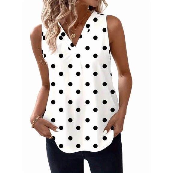 Women'S Casual Polka Dots Tank Tops V Neck Sleeveless Tunic Shirts White L