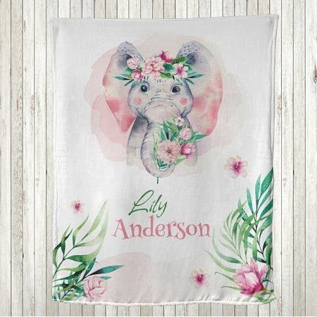Image of Animal Throw Blanket Happy Smiling Big Mammal Creature in Pastel Toned Watercolor Design Print Flannel Fleece Accent with Custom Name Photo Backdrop 80 x 60 Green and Baby Pink by Ambesonne