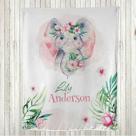 Animal Throw Blanket, Happy Smiling Big Mammal Creature in Pastel Toned Watercolor Design Print, Flannel Fleece Accent with Custom Name Photo Backdrop, 60" x 50", Green and Baby Pink, by Ambesonne