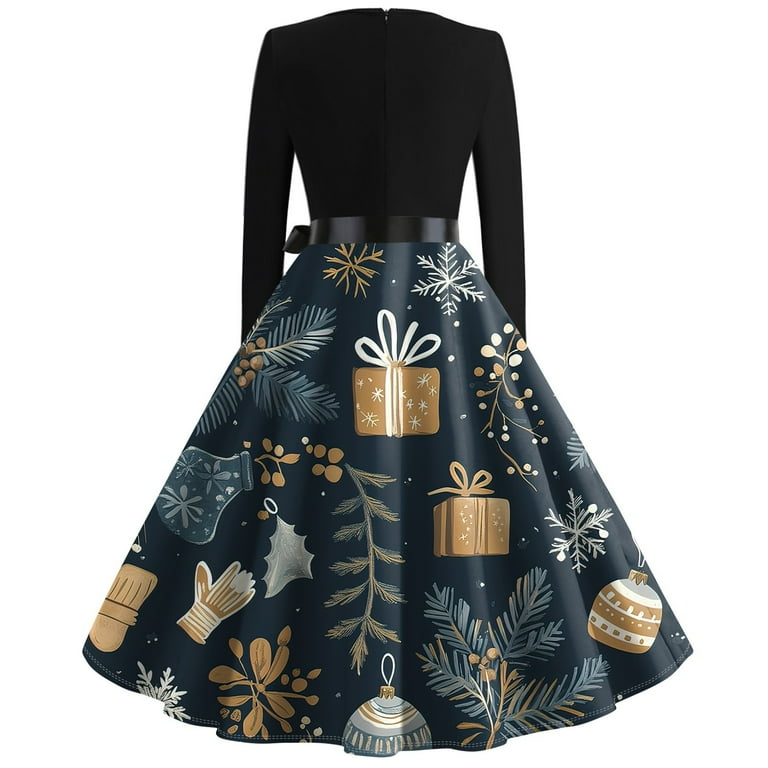 Women's Vintage Christmas Dress Long Sleeve Snowflake Print A-Line Swing  Party Dress with Belt - Walmart.com