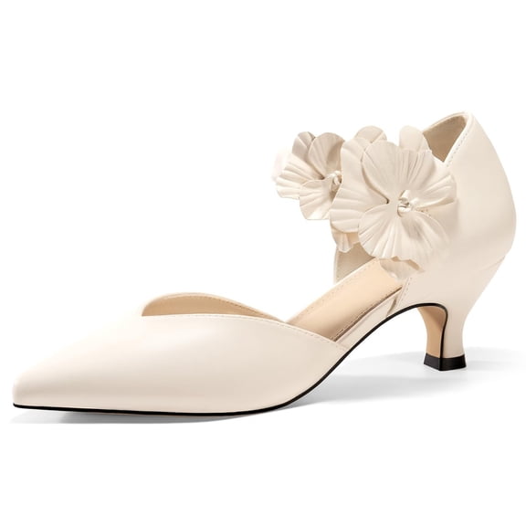 Ladies' low-heeled kitten-heeled formal shoes, comfortable closed-toe design with flowers, slip-on, suitable for formal gatherings, high-heeled shoe style