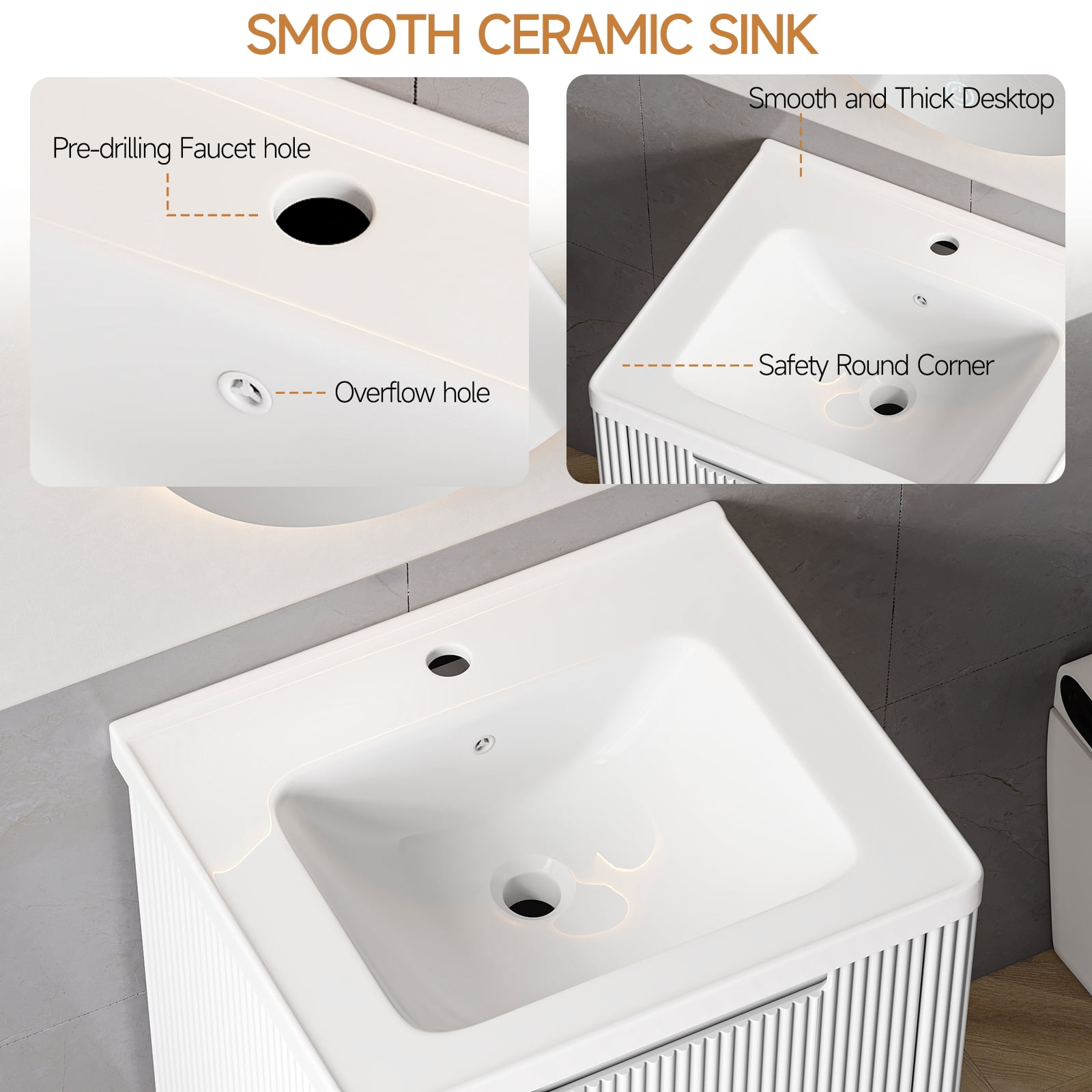 ROGALIS 24" Modern Bathroom Vanity, 2-Drawer, glossy resin Sink, Fluted Design,White