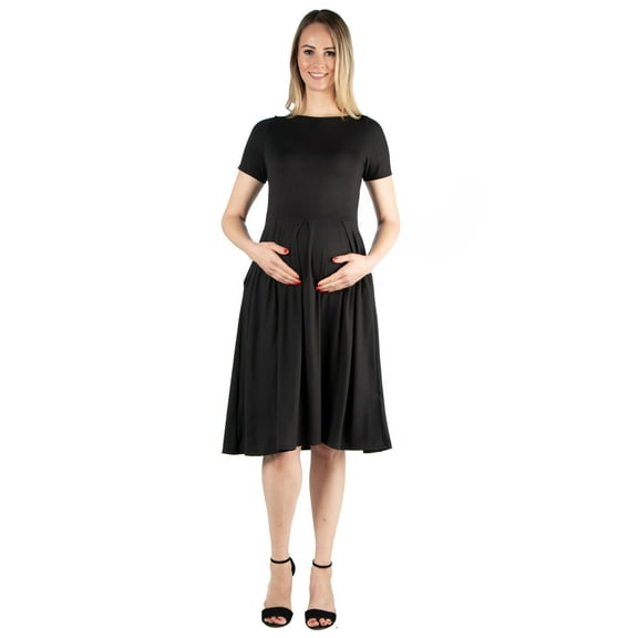 24seven Comfort Apparel Short Sleeve Maternity Midi Skater Dress With Pockets
