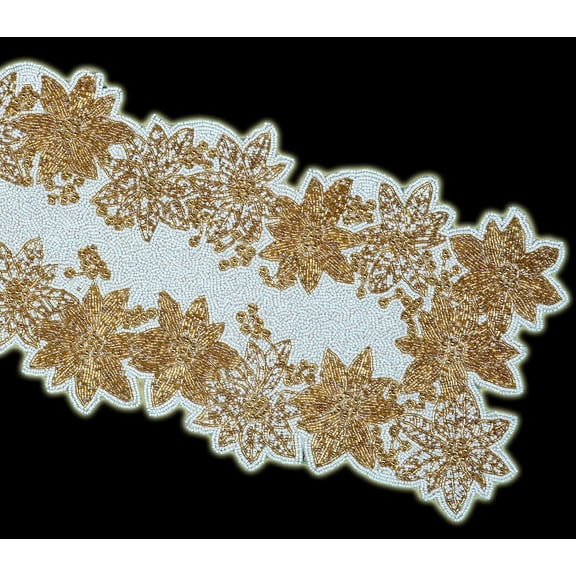Handmade Beaded Table Runner, Golden Floral Table Runner, Designer Tableware 13X36 Inch