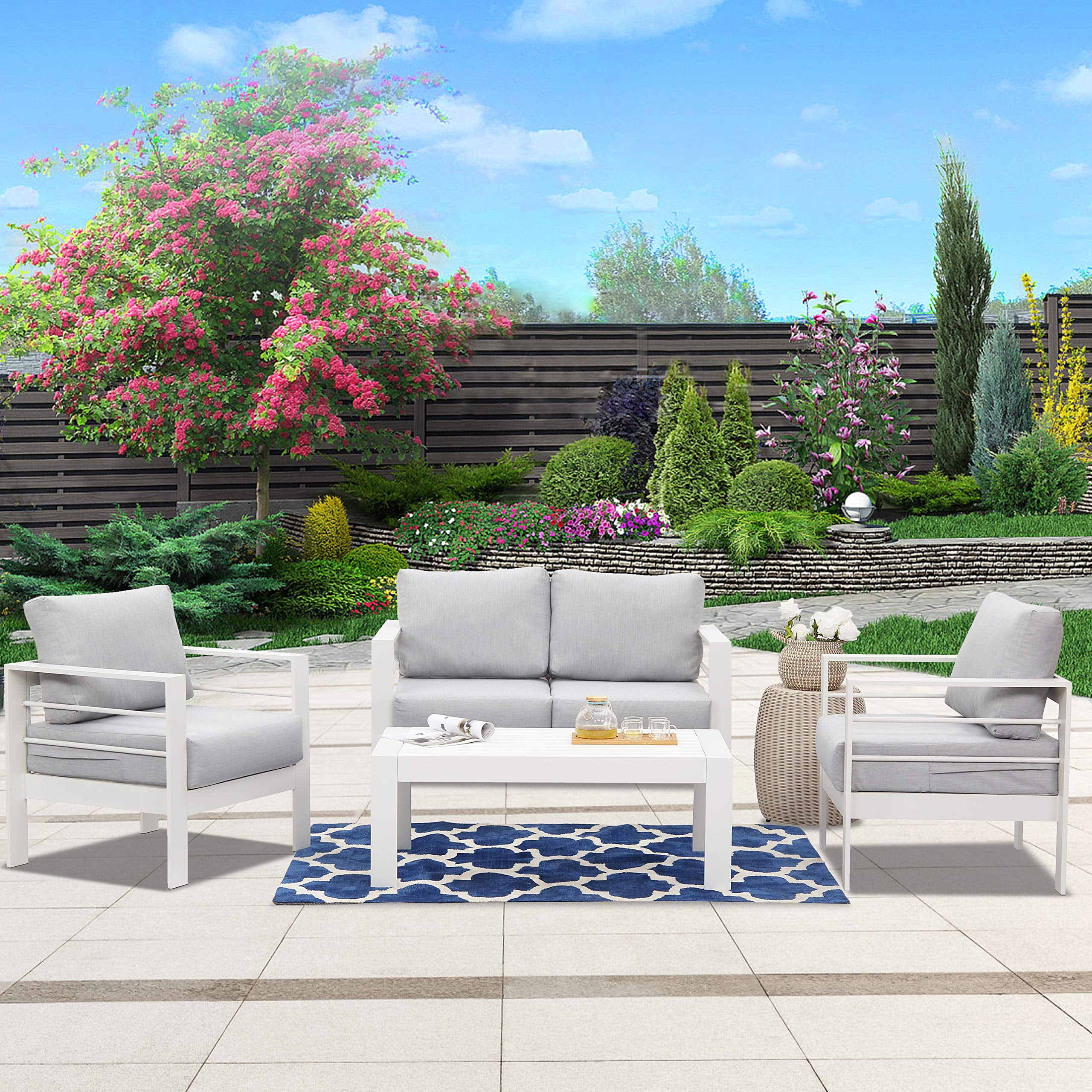 Royalcraft 4-Piece Aluminum Outdoor Conversation Sets with Loveseat, White / Light Grey Cushion