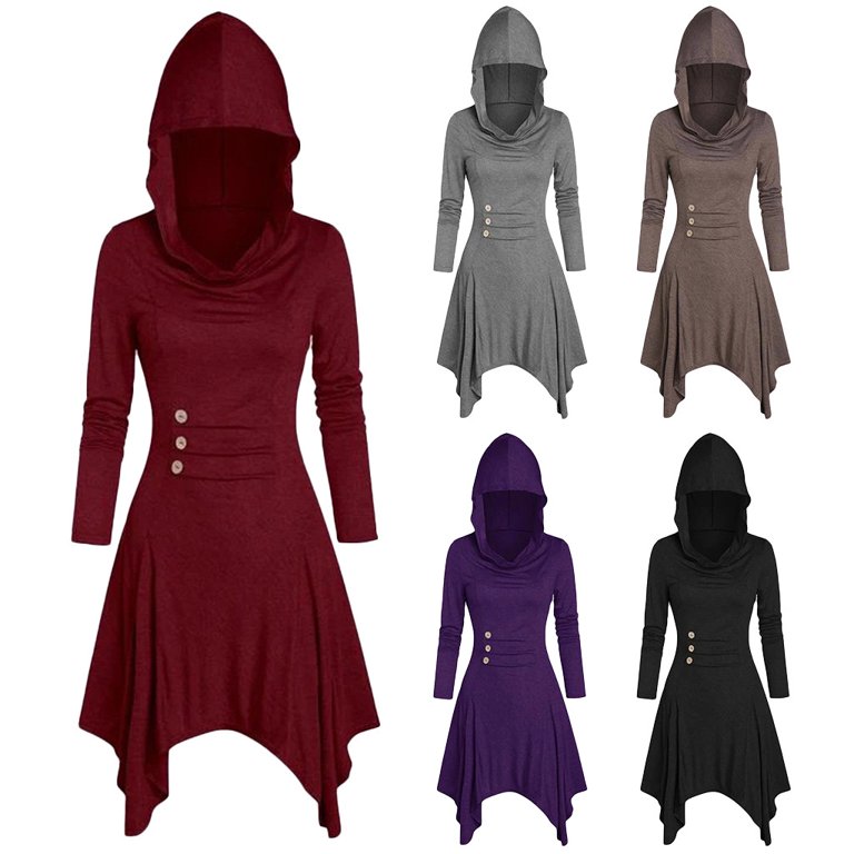 Hooded Cloak Dress for Women Plus Size Steampunk Gothic Clothes Long Sleeve  Short Halloween Medieval Hoodie Dresses 