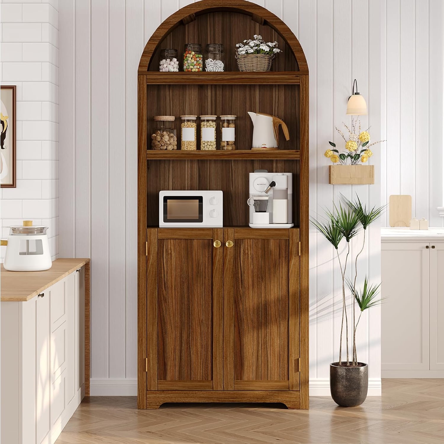 Shininglove 72" Arched Storage Cabinet – 5-Shelf Kitchen Pantry & Bookcase with Doors, Adjustable Shelves