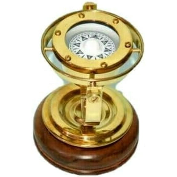 Vintage 5'' Brass Gimbal Compass with Stand – Fully Functional Nautical Compass for Display Piece