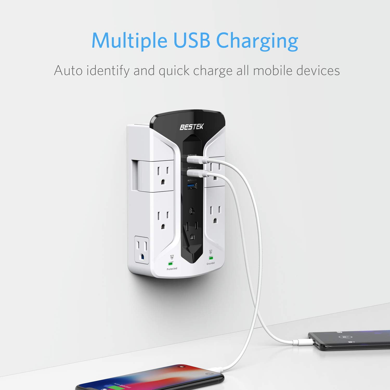 BESTEK 7-Outlet Wall Tap Surge Protector with Swivel Outlets, 3 USB, 900 J, Top Phone Holder