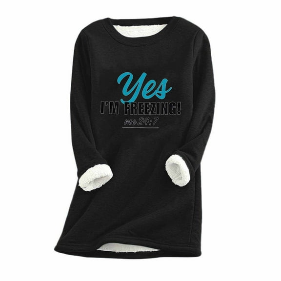 QUNYINEY Casual Womens T Shirts Long Sleeve Crew Neck Quotes Black Tops Pullover Warm Drop Shoulder Fleece Loose T-Shirts