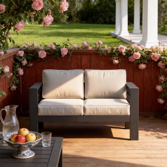 KIOOTTO Metropolitan Series: 52" (132cm) All-Weather Heavy-Duty Metal Patio Loveseat, Midnight Onyx Reinforced Frame with 5" Thick Cool Alabaster Plush Cushions, Modern Deep-Seat Outdoor 2-Seater