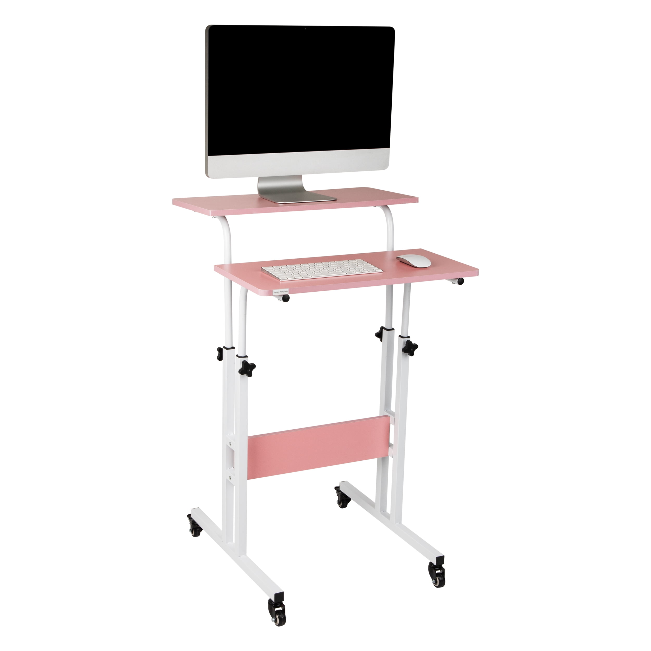 Mind Reader Standing Desk with Side Storage and Locking Wheels, Pink Finish
