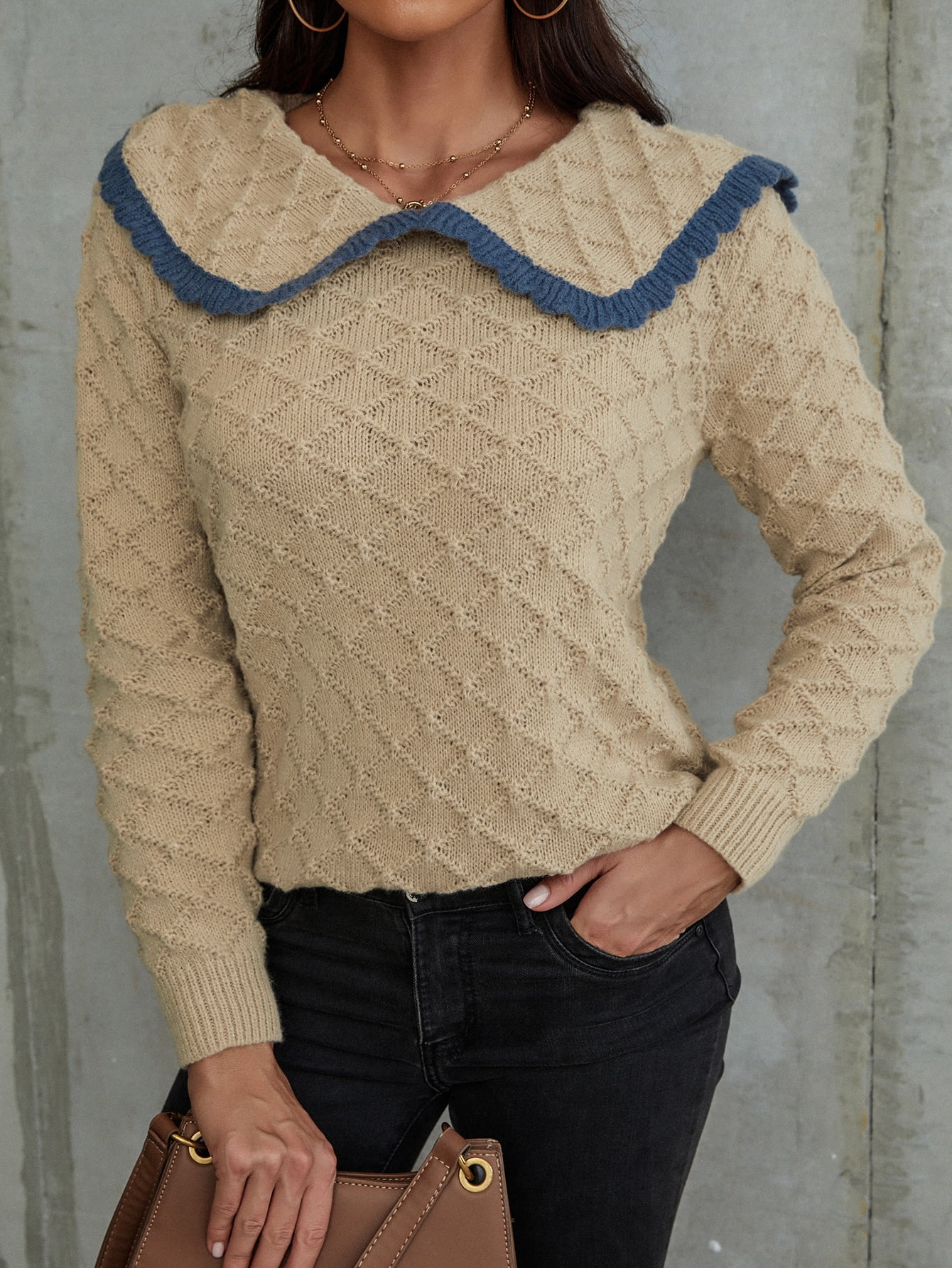 Apricot Sailor Collar Argyle Knit 
