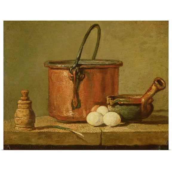 Great BIG Canvas | Rolled Poster Print entitled Still Life of Cooking Utensils, Cauldron, Frying Pan and Eggs