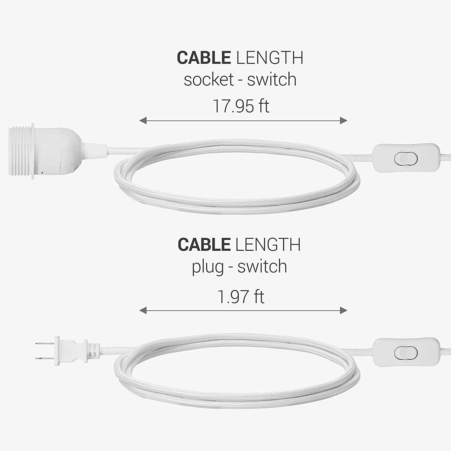 for Hanging DIY Ceiling Lighting E26 Socket kwmobile Plug-in Light Cord 15ft Long Fabric Pendant Lamp Cable with Plug White