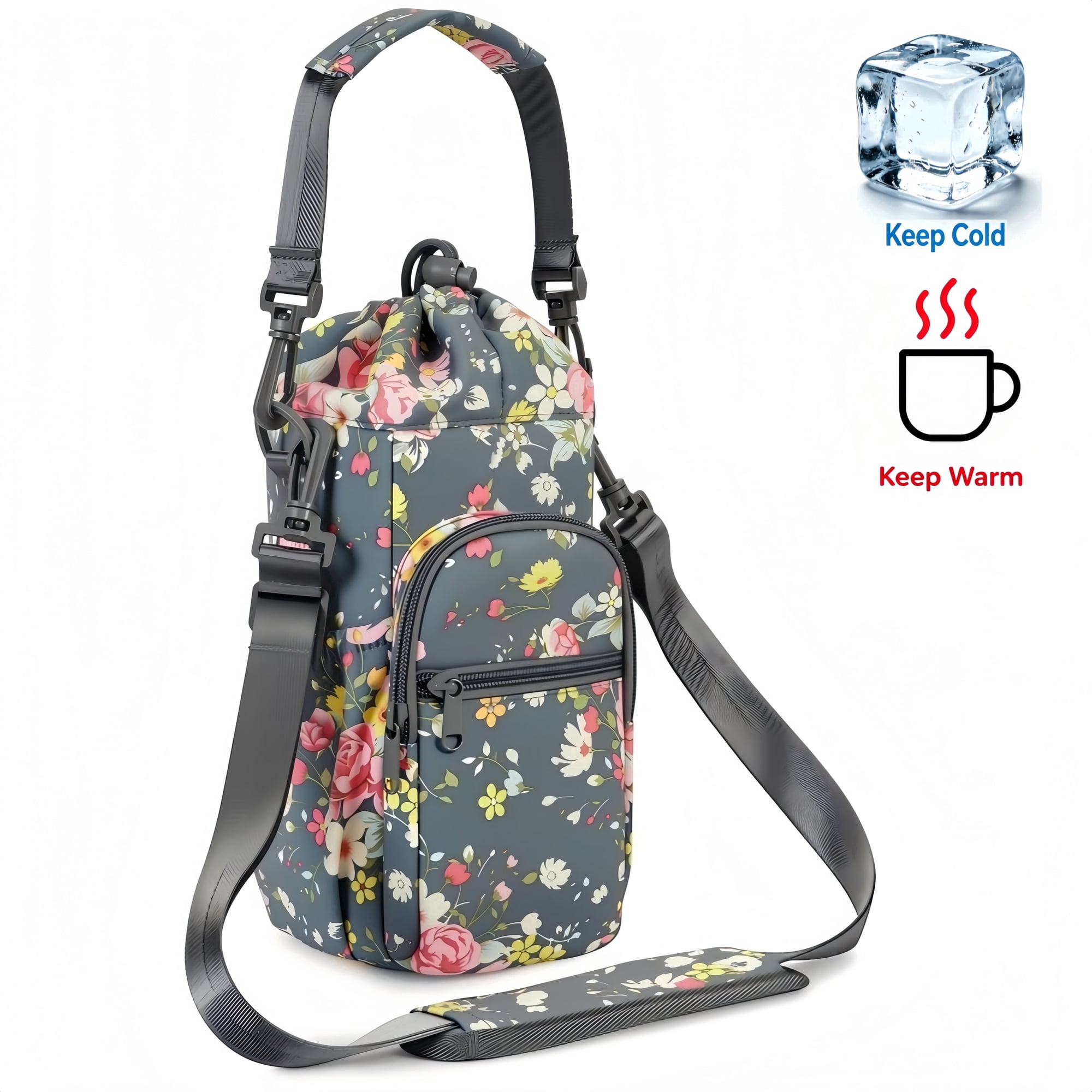 WANDF Insulated Water Bottle Holder for 32oz 40oz Bottles, Water Bottle Carrier Sling Bag with Strap and Phone Pocket, Crossbody Pouch for Walking Hiking Travel Gym Beach(Rose)
