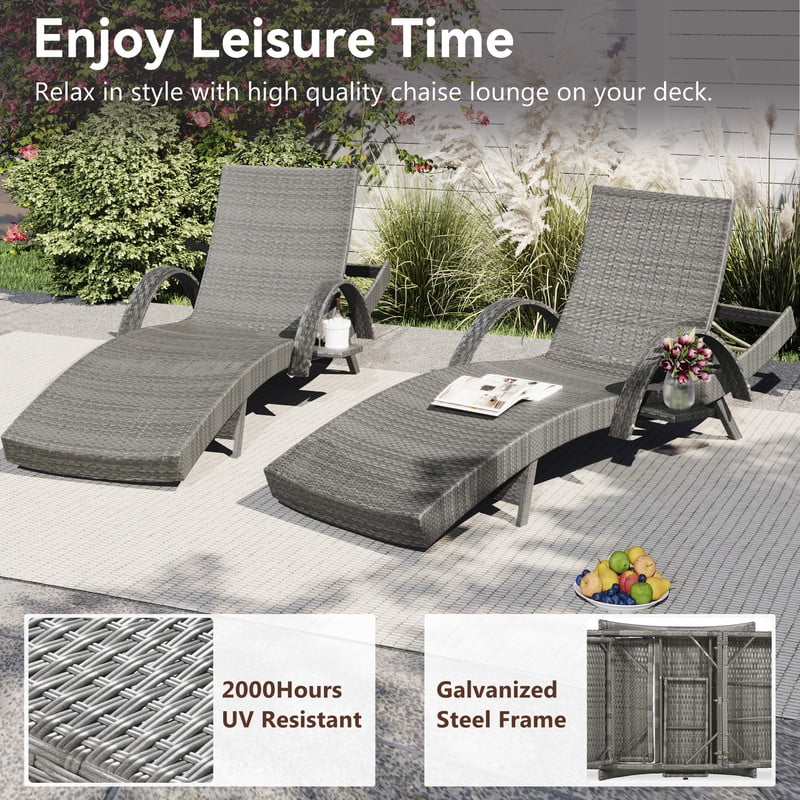 Patio Wicker Chaise Lounge Chairs Set of 2, 5-Level Adjustable Backrest Rattan Pool Recliner Chair with Pull-out Side Table, Sunbathing Recliners