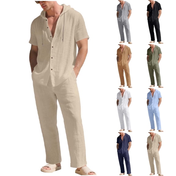 FNFYFH Linen 2 Piece Outfit for Men Casual Short Sleeve Button Hoodie Shirt Beach Summer Loose Pant Sets