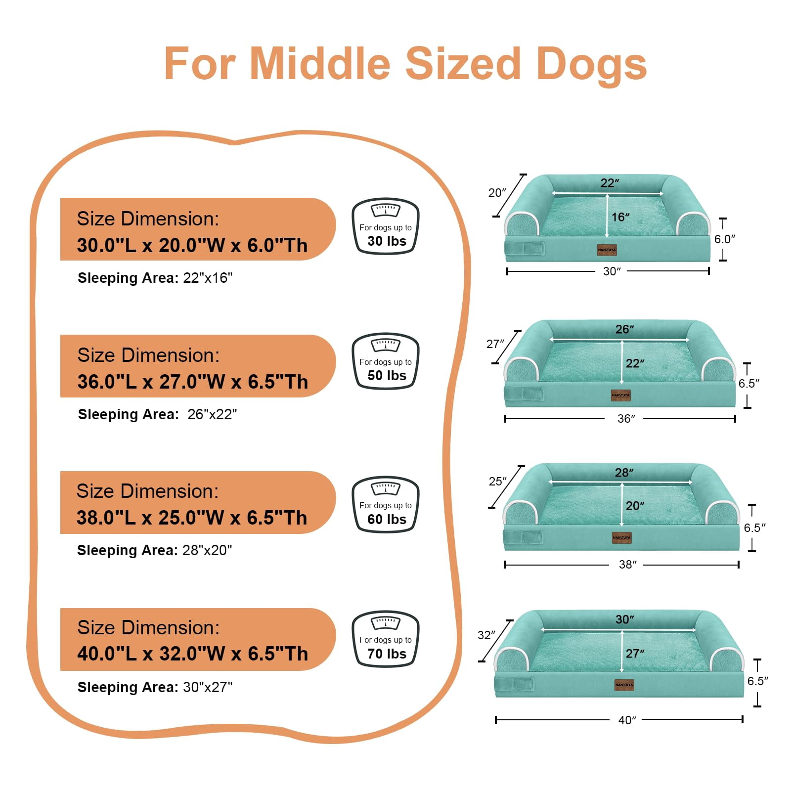 Large Dog Bed, Orthopedic Washable, Aqua Blue, 36.0"l X 27.0"w X 6.5"th