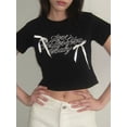 thumbnail image 4 of Yunliwuli Women Letter Print T-Shirts Bowknot Embellished Short Sleeve Round Neck Shirts Summer Casual Slim Fit Tops Streetwear, 4 of 6