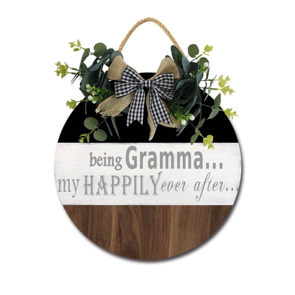 being Grandma my happily ever after Front Door Sign Funny Wreaths Hanging Wooden Plaque Decoration Round Rustic Wood Farmhouse Porch Decor for Home Front Door Decor, 11 x 11 Inch