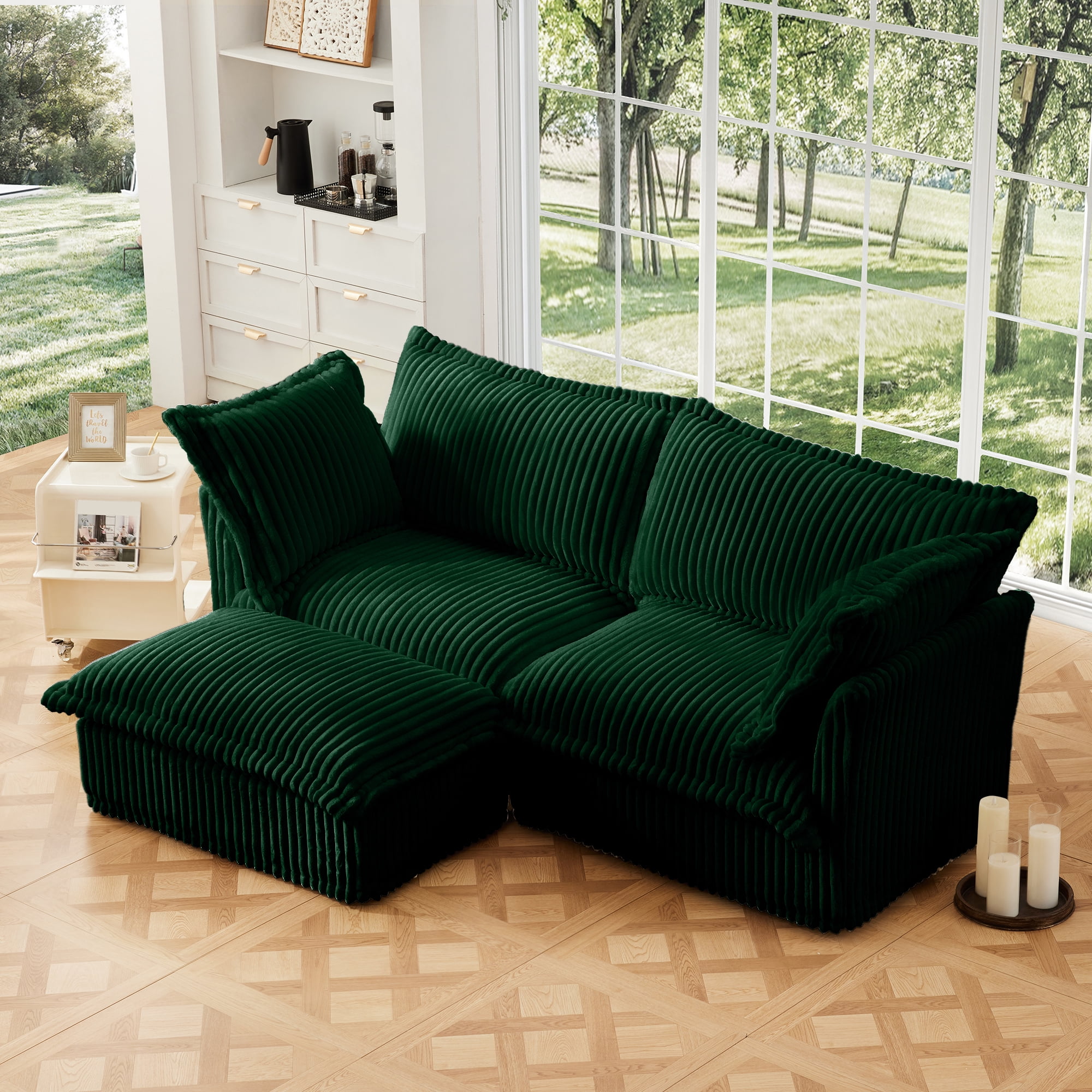 Gewnee Modern Corduroy Deep Seat Loverseat Seational Sofa Couches With Ottoman,Comfy Green Corduroy L Shape Sofa Couch for Living Room,Apartment