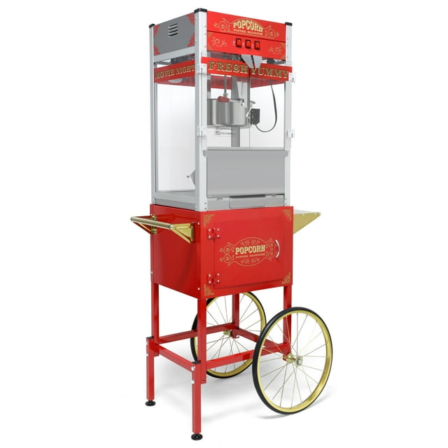 Popcorn Machine with Cart: The cart includes 16" bicycle-style wheels and a cabinet with storage space for popcorn,Red
