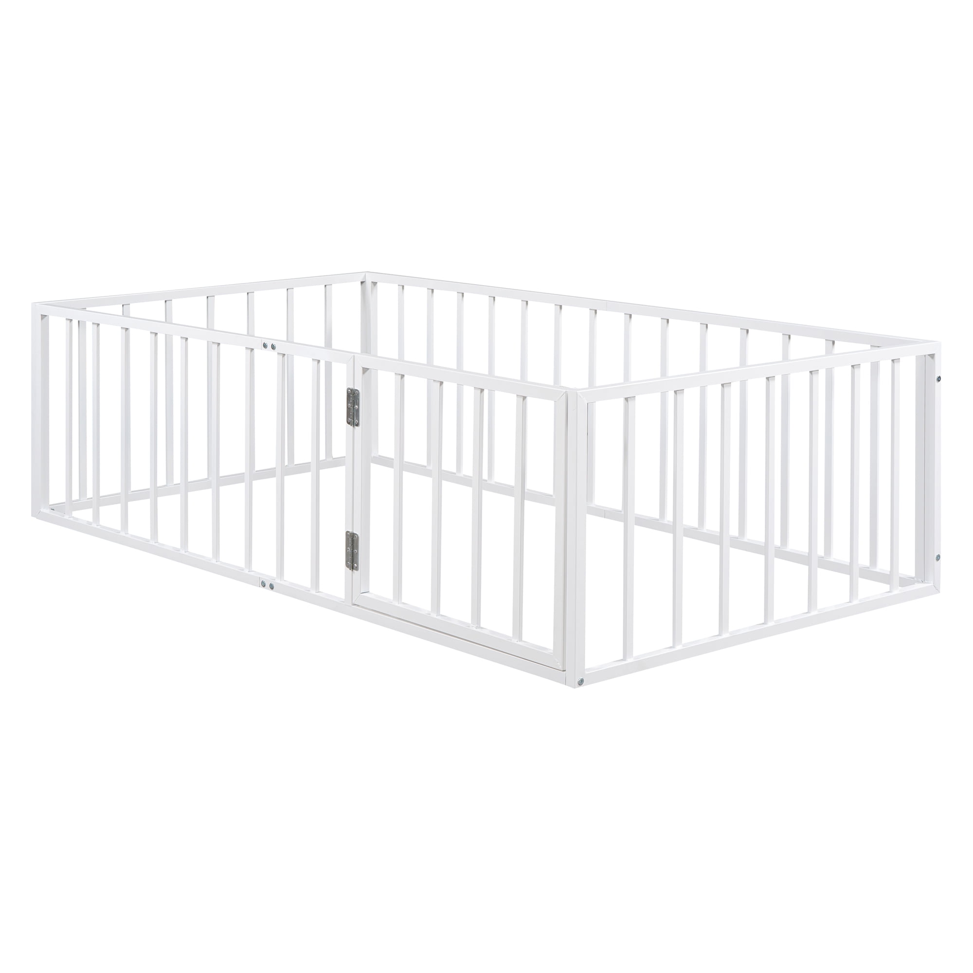Aukfa Twin Size Metal Bed Frame with with Fence and Door, Floor Bed for Kids Toddler, White