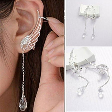 Sexy Sparkles Angel Wing Ear Cuff Clip On Stud Wrap Earrings Tassel With Clear