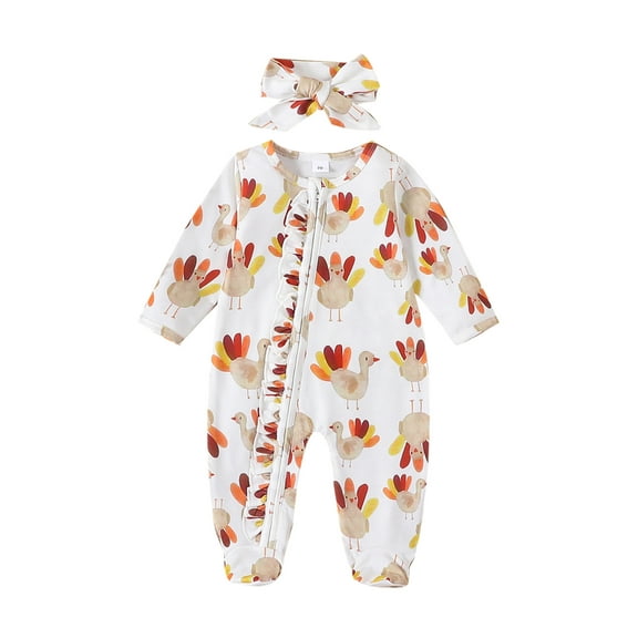 Michellecmm Baby Girls Rompers Infant Thanksgiving Turkey Print Long Sleeve Bodysuit with Headband Newborn Zipper Footed Jumpsuits