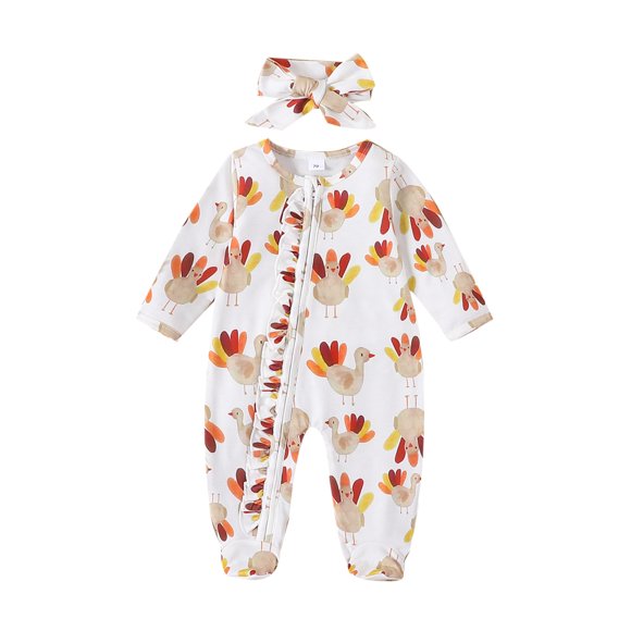 Infant Baby Girls Rompers Thanksgiving Turkey Print Long Sleeve Bodysuit with Headband Zipper Footed Jumpsuits