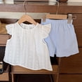 thumbnail image 4 of Girls 2 Piece Outfits Children Summer Sets Little Girls Short Sleeve T Shirt Elastic Waist Drawstring Shorts Solid Color Soft Comfortable Stretchy Sports Light Blue 8-9 Years, 4 of 7