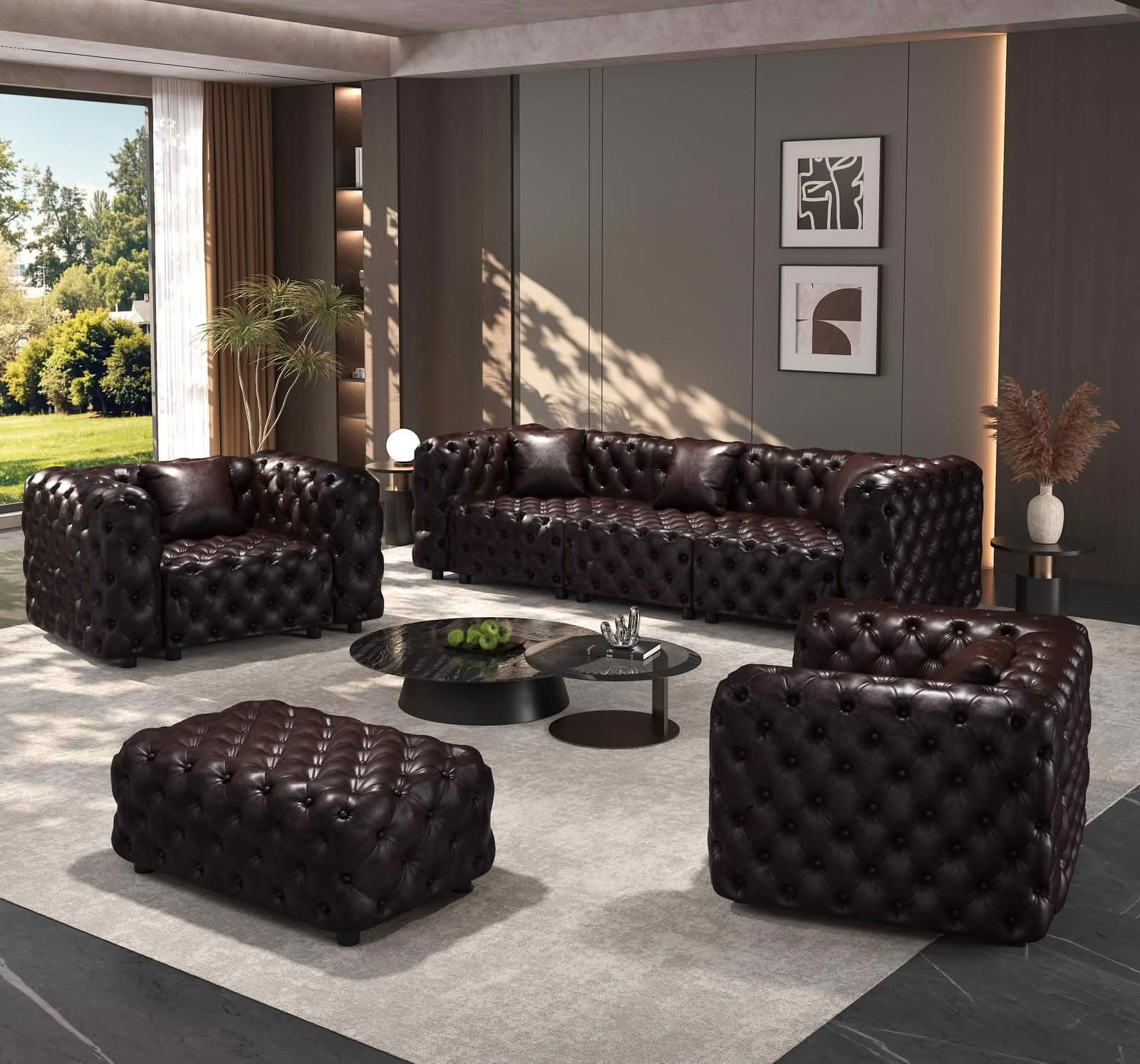 MAYEERTY 5‑Seat Faux‑Leather Modular Sofa Set, Handcrafted Button Tufted Couch with Ottoman & 5 Pillows for Living Room & Small Apartment