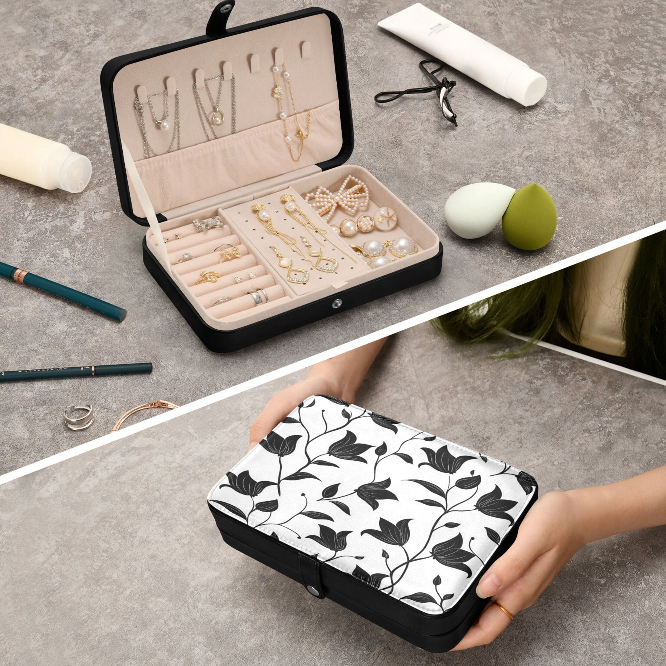 Leather Jewelry Box Rectangular 8.27x5.5x1.78In Travel Jewelry Storage Earrings Necklace Bracelet Watch Brooch Storage Black Cartoon Flower