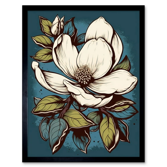 Magnolia Flower Old School USA Tattoo Ink Body Art Rockabilly Americana 50s Art Print Framed Poster Wall Decor 12x16 inch