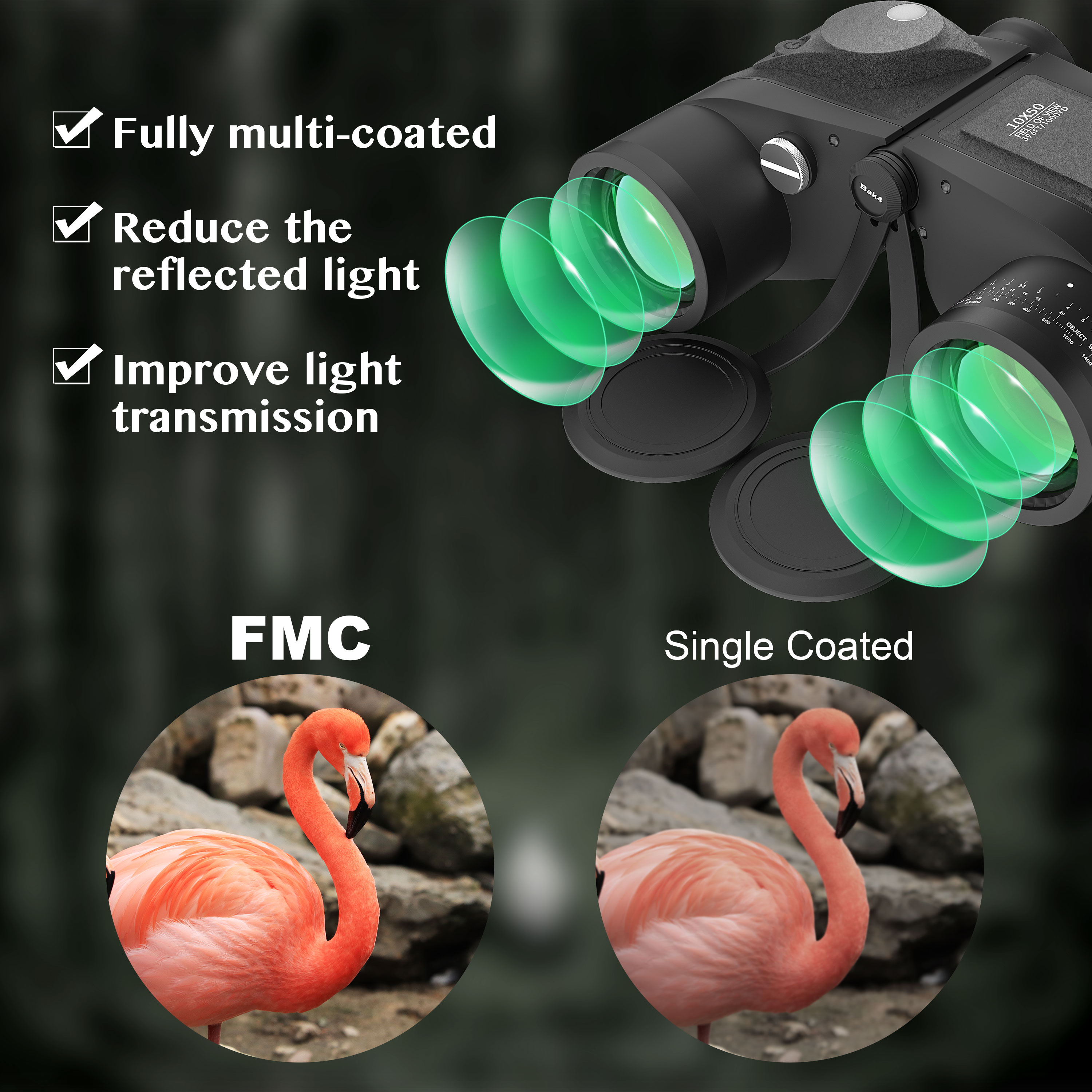 10x50 Binoculars HD High Power Binoculars FMC Lens for Adults Marine Military with Rangefinder Compass BAK4 Prism