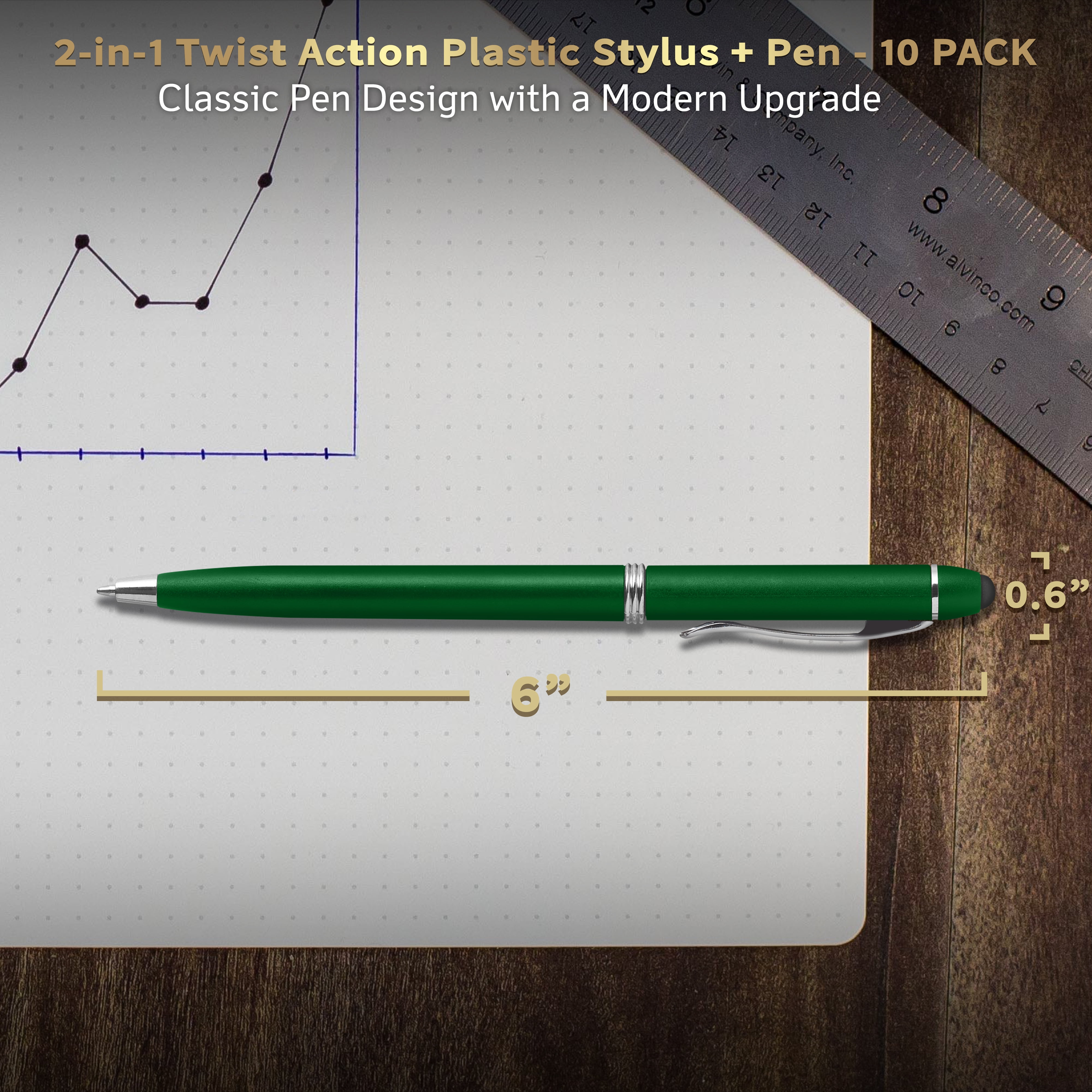 10 Twist Action Plastic Stylus Pens Pack - Metallic Barrel, Black Ink - Green