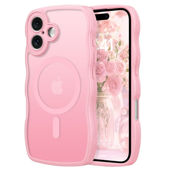 GUAGUA for iPhone 16 Case for Women Girls Compatible with Mag-Safe 6.1" Wave Design Translucent Matte with Full Camera Protection Case for iPhone 16 Pink