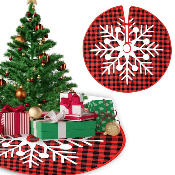 LYCAQL Christmas Tree Skirt 35.4 inch White Snowflake Xmas Tree Ornaments Soft Plush Red and Black Plaid Tree Skirt Holiday Decor for Festive Celebrations