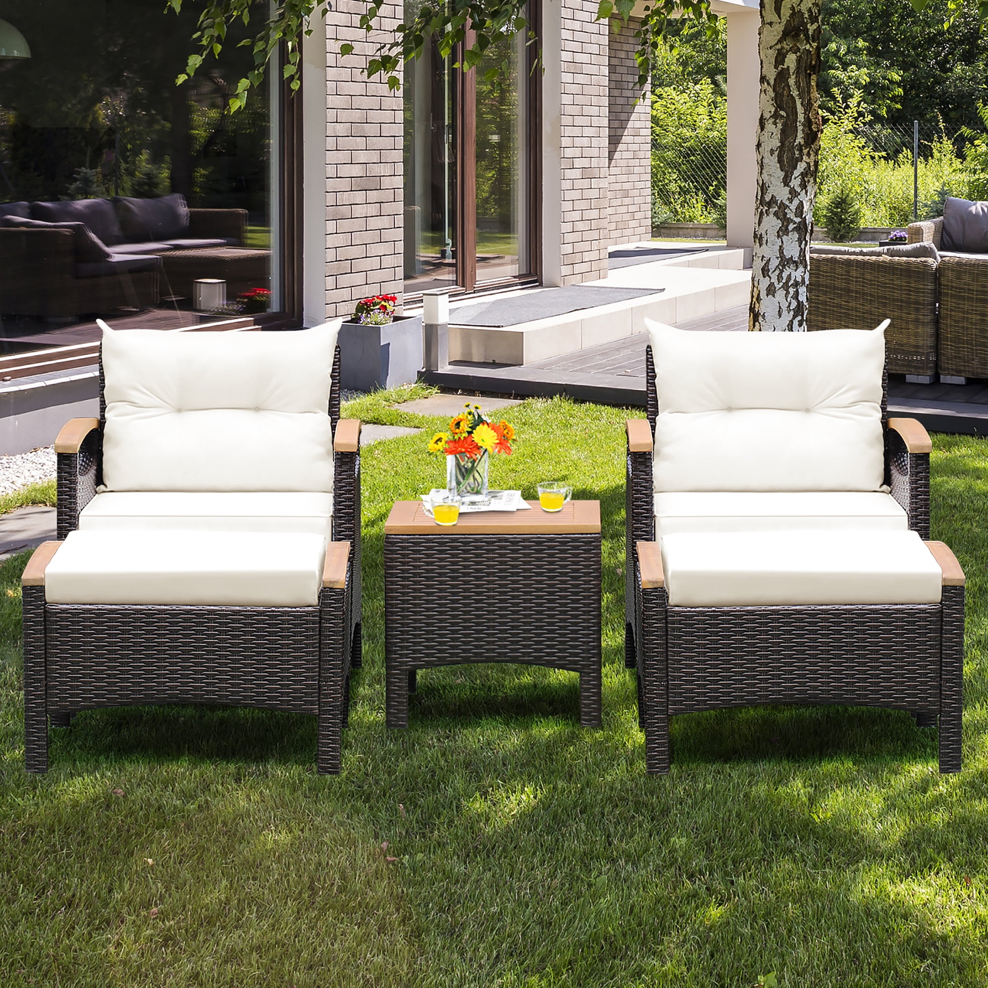 Costway 5PCS Patio Rattan Furniture Set Sofa Ottoman Cushioned Table W/Wood Top