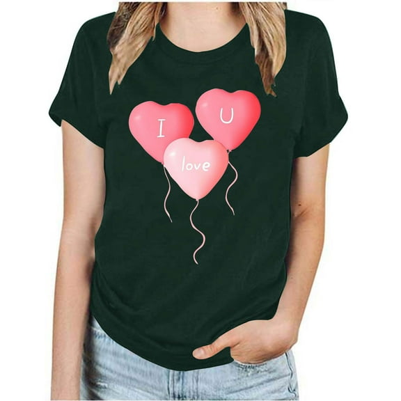 EQWLJWE Women's Short-Sleeve T-Shirt,Womens Tops Dressy Summer Casual Love Heart Print Graphic Tee for Women,Valentine's Day Gifts for Her Army Green(S-3XL)