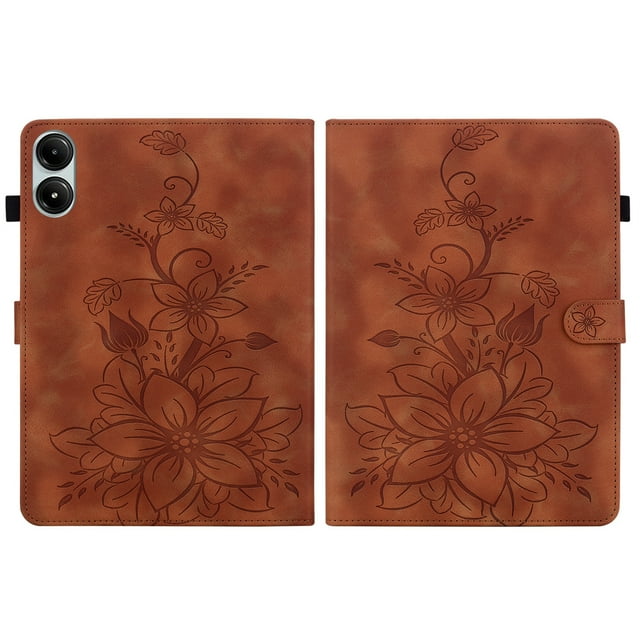 XYX Tablet Case for Redmi Pad Pro 12.1 inch 2024 Released, Lily Flower Pattern PU Leather Multiple Viewing Angles Stand Slim Folio Tablet Cover (Brown)