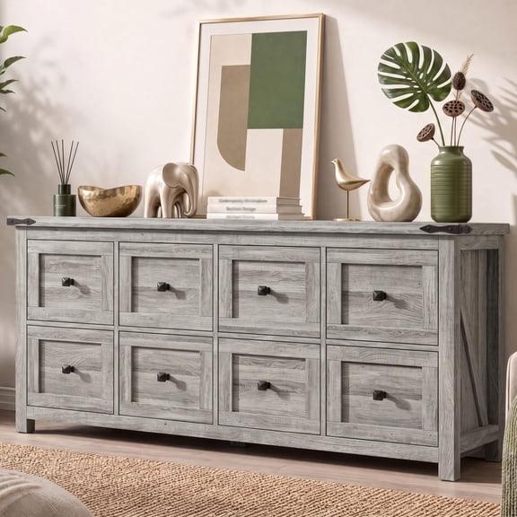 Homkdom 59" Wide Dresser for Bedroom with 8 Drawers, Farmhouse Wood Grey