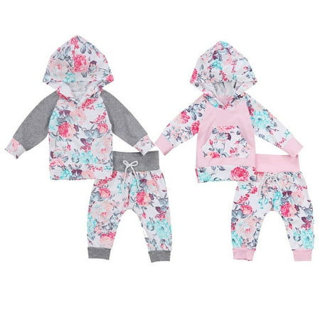 Cute Newborn Kids Baby Girls Flower Hooded Tops Pants Leggings Outfits Clothes
