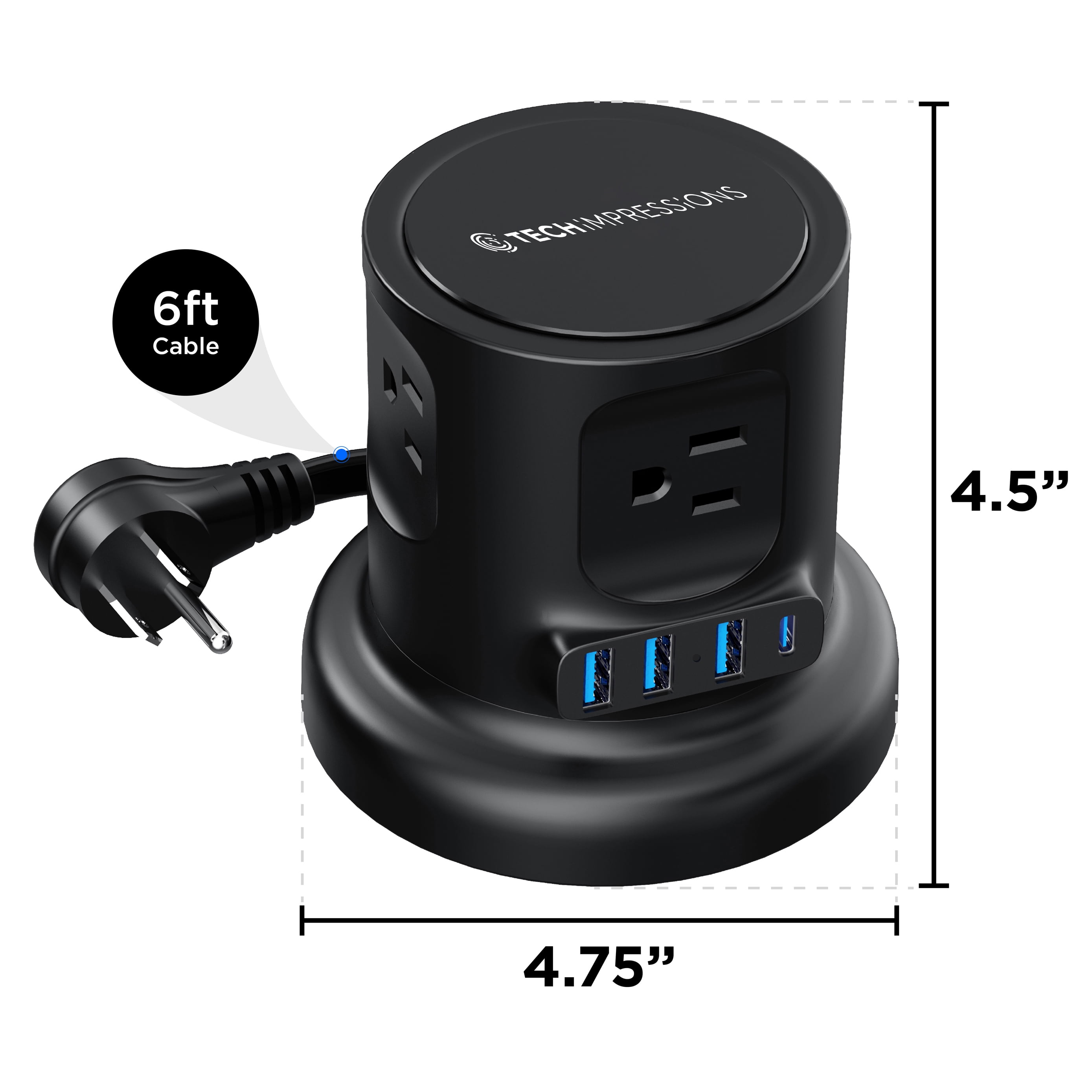 Retractable Power Strip Tower, 8-in-1 Surge Protector with 4 AC Outlets, 2 USB-C, 2 USB-A, 6ft Auto-Retracting Cord, Fast Charging Charging Station, Black